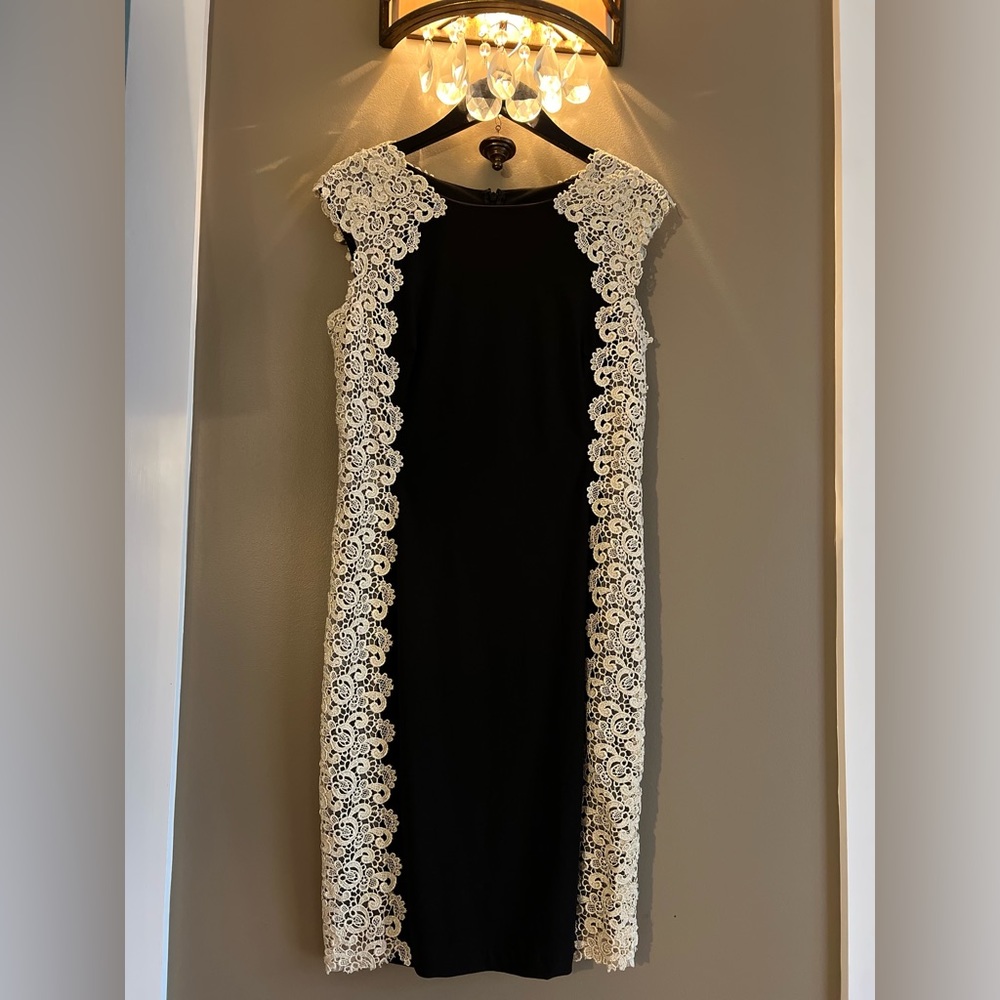 Black XSCAPE Cocktail Dress with Gold Lace Details, Size 10